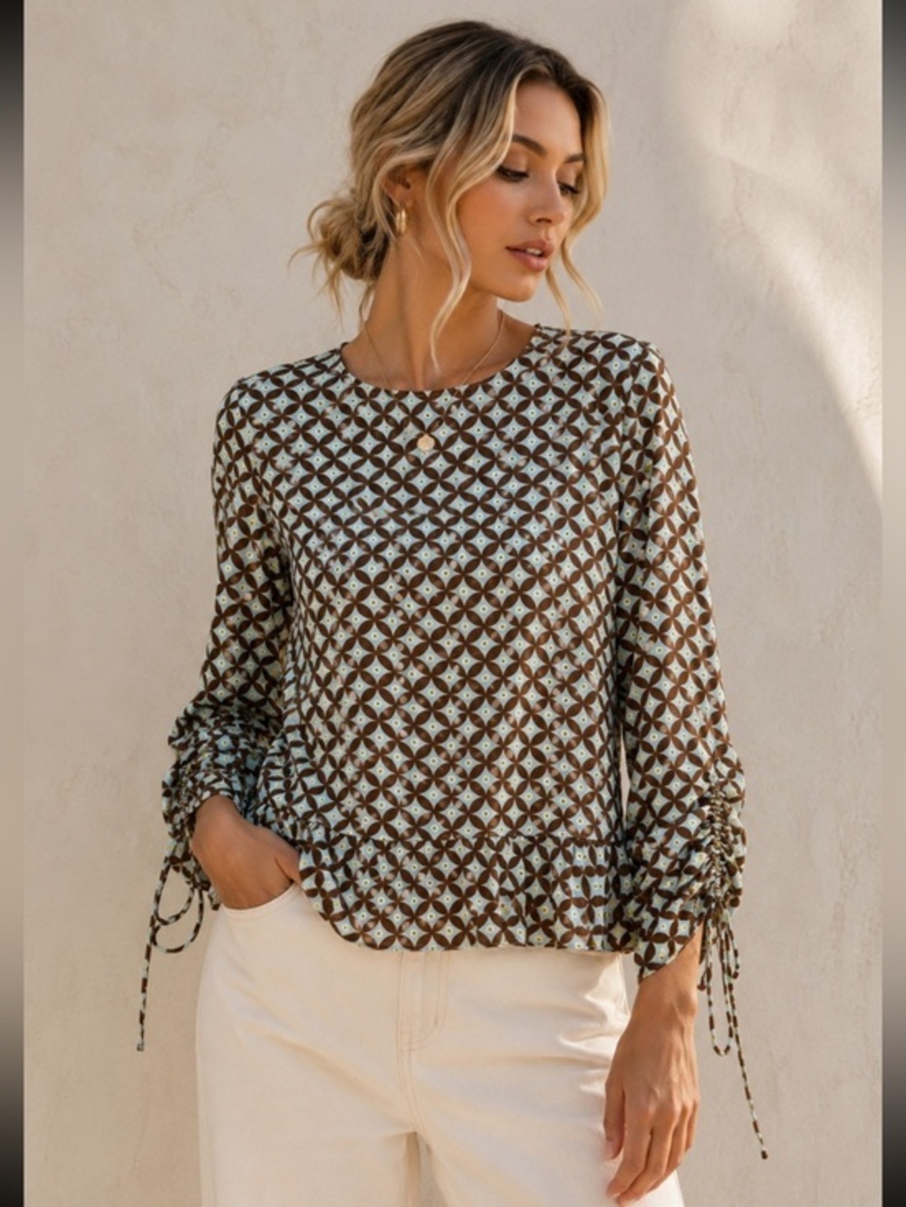 Tory Burch 100% Silk Geometric Print Ruffle Blouse Designer Boho Long Sleeve Top